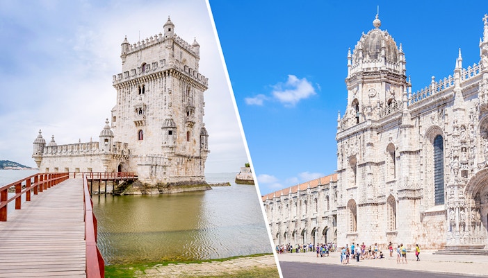 Vista frontal do Mosteiro dos Jerónimos em Lisboa, destacando sua arquitetura detalhada e torres góticas.