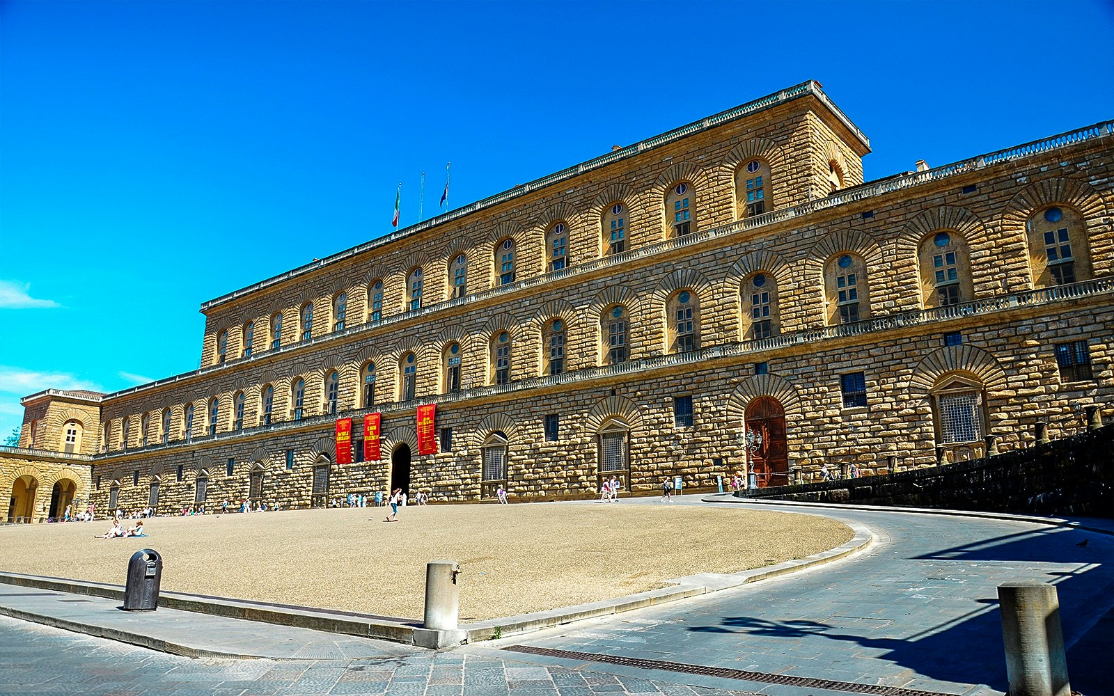 Pitti Palace facade in Florence, Italy, along Medici’s Mile.