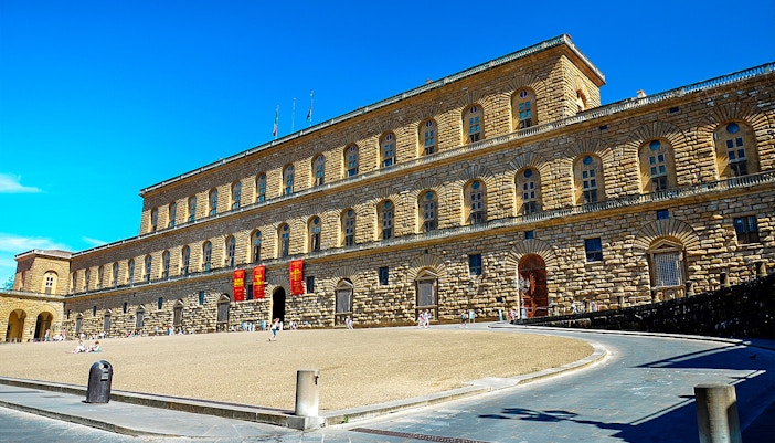 Pitti Palace facade in Florence, Italy, along Medici’s Mile.