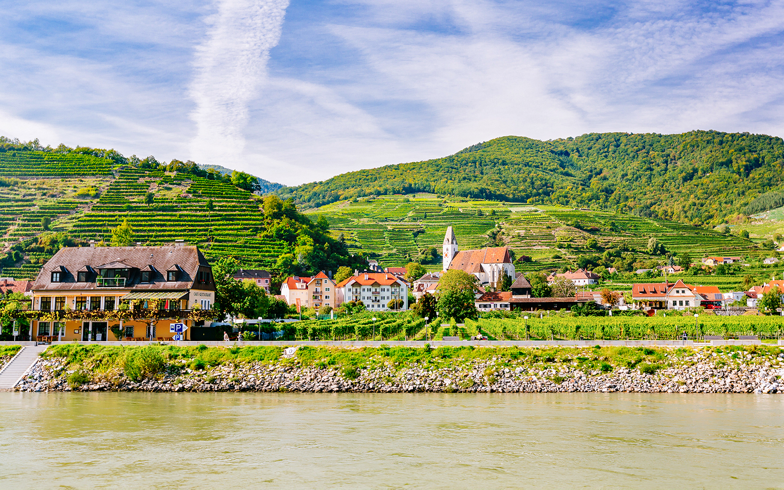 Danube Valley vineyards and village view on a day trip from Vienna.