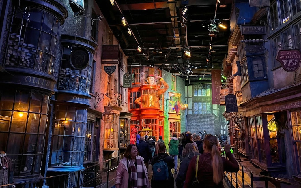 Diagon Alley set at Warner Bros. Studio Tour London, featuring Ollivanders and Weasleys' Wizard Wheezes.