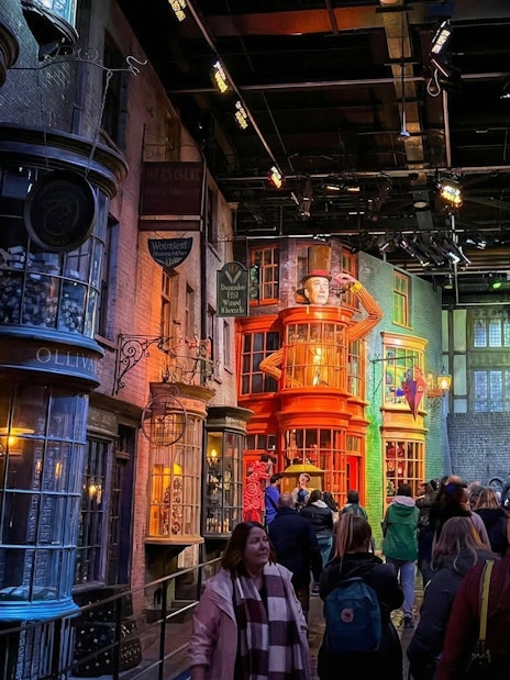Diagon Alley set at Warner Bros. Studio Tour London, featuring Ollivanders and Weasleys' Wizard Wheezes.