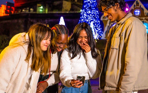 Group enjoying Niagara Festival of Lights Tour with illuminated trees in background.