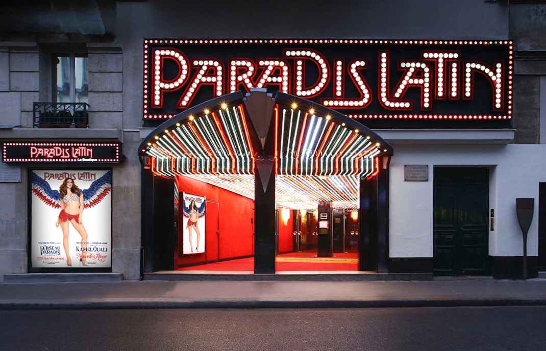 Paradis Latin facade with ornate architecture in Paris, France.