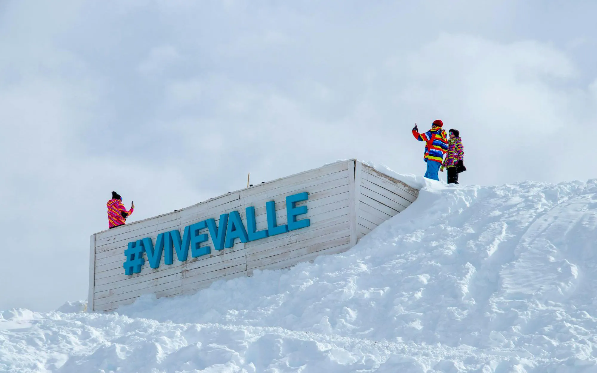 Valle Nevado ski resort sign in snowy Andes Mountains, Chile.