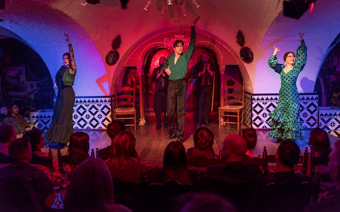 Tablao Cordobes Flamenco dancers performing on stage in a vibrant setting.