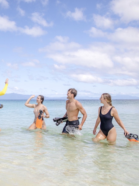 Snorkelers high-five near a boat on a Great Barrier Reef guided tour.