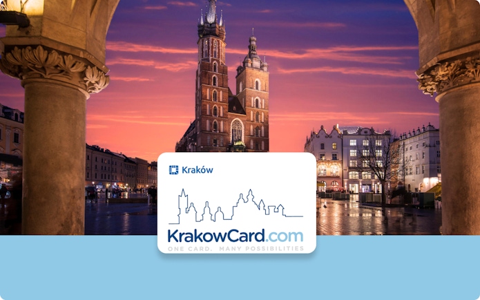 St. Mary's Basilica at sunset in Krakow with Krakow Card logo in foreground.