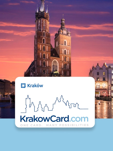 St. Mary's Basilica at sunset in Krakow with Krakow Card logo in foreground.