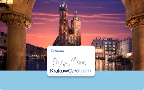 St. Mary's Basilica at sunset in Krakow with Krakow Card logo in foreground.