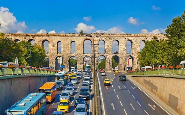 Traffic near the historic Valens Aqueduct in Istanbul, Turkey.