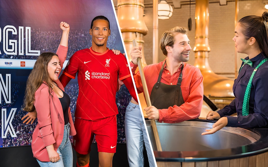 Madame Tussauds Amsterdam wax figure and Heineken Experience brewing demonstration.