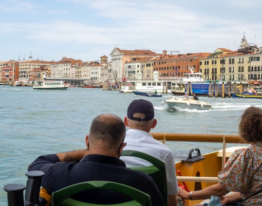 Vaporetto passengers view Castello and San Marco, Venice.