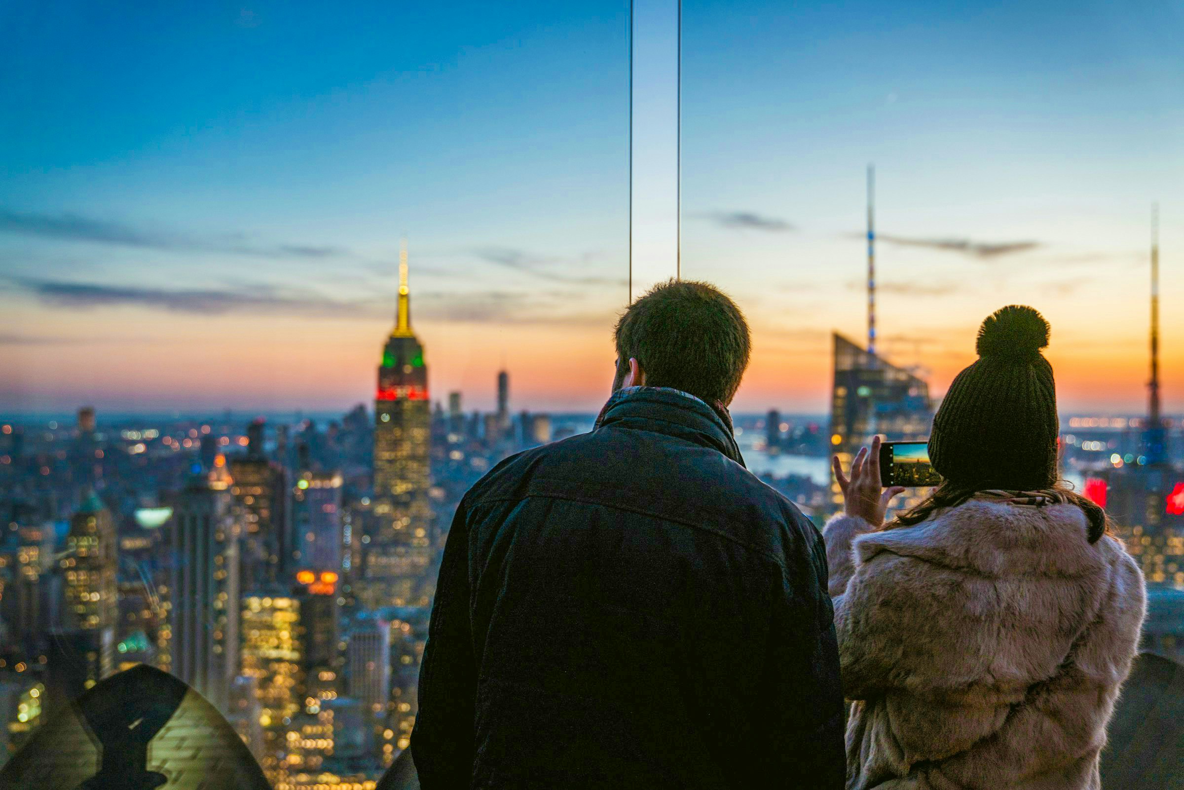 Rockefeller Center night view from Top of the Rock Observation Deck, New York City skyline.