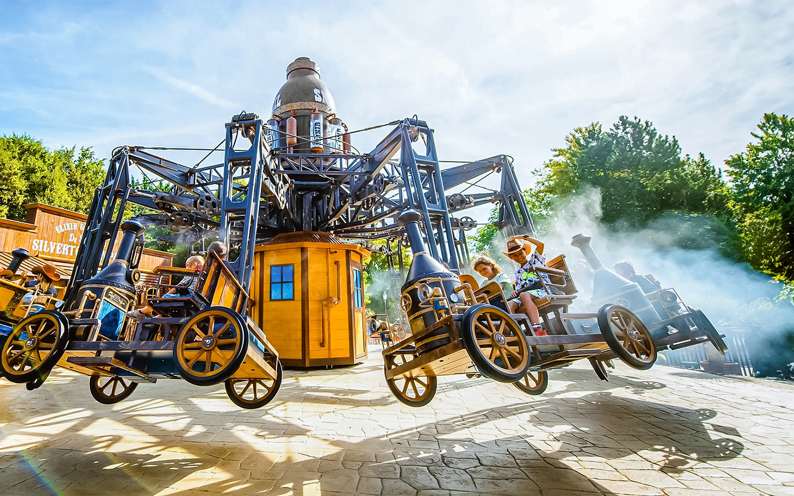 Tourists on Silverton ride at Walibi Belgium roller coaster.