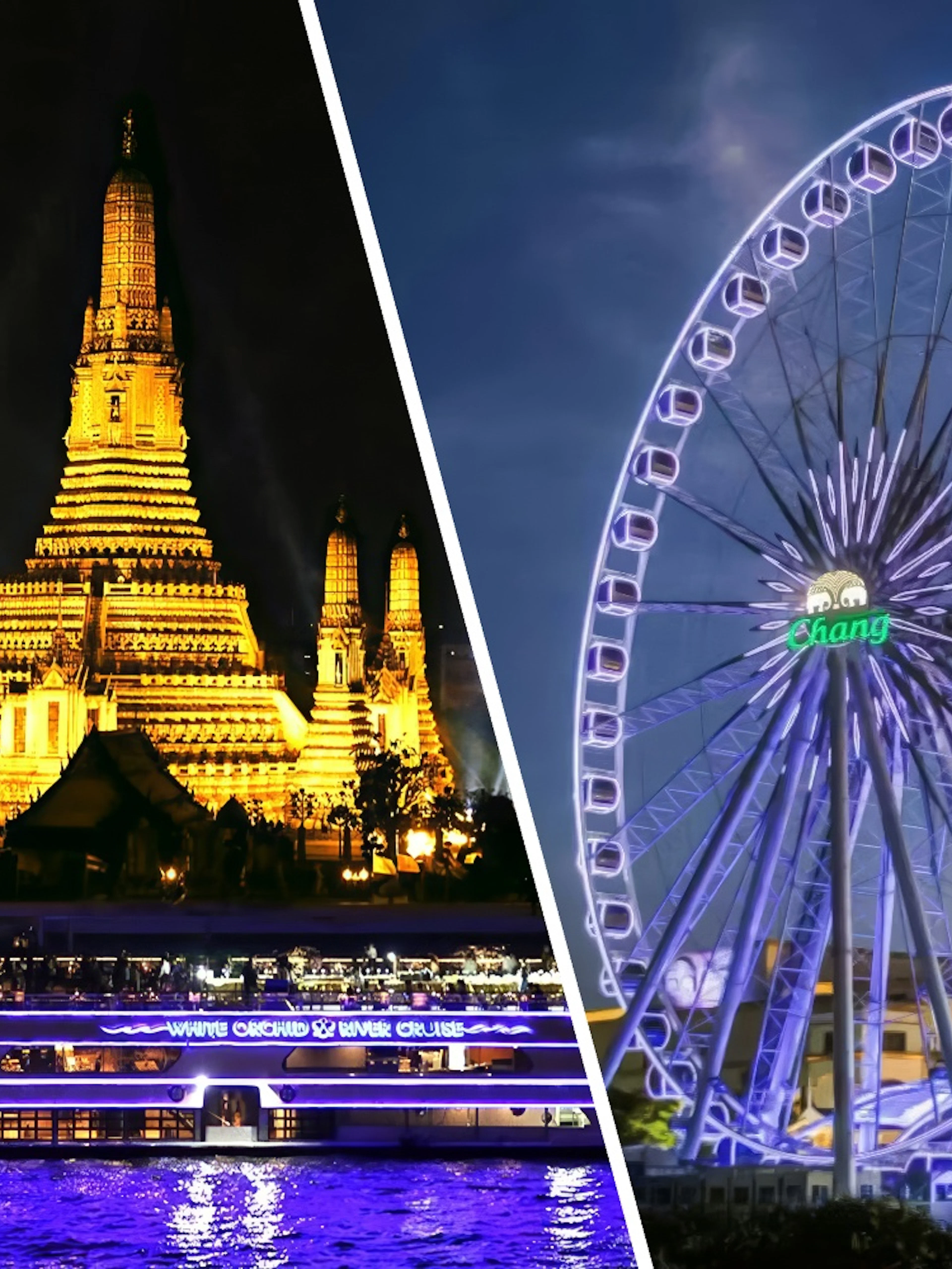 White Orchid River Cruise passing Wat Arun and Asiatique Sky Ferris wheel at night, Bangkok, Thailand.