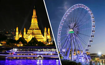 White Orchid River Cruise passing Wat Arun and Asiatique Sky Ferris wheel at night, Bangkok, Thailand.