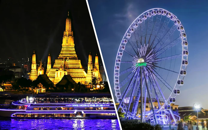 White Orchid River Cruise passing Wat Arun and Asiatique Sky Ferris wheel at night, Bangkok, Thailand.