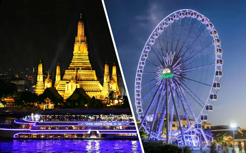 White Orchid River Cruise passing Wat Arun and Asiatique Sky Ferris wheel at night, Bangkok, Thailand.