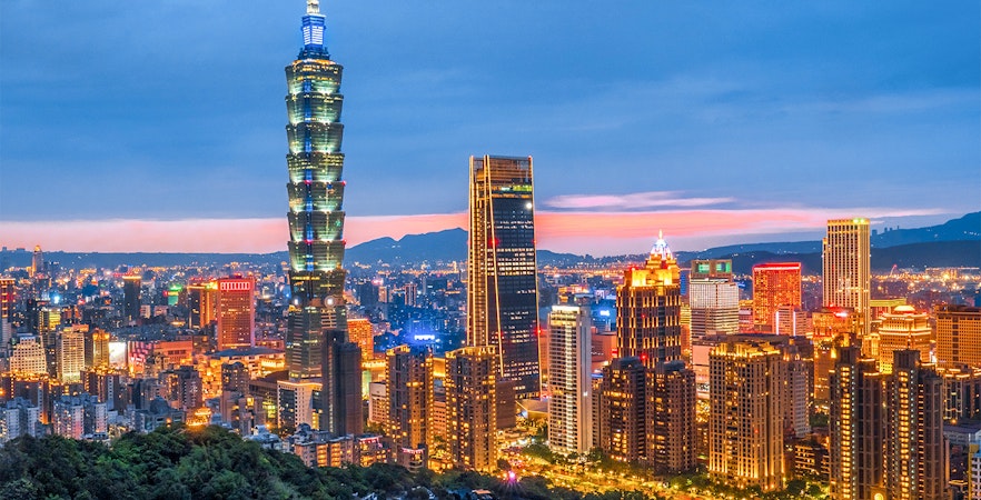 Taipei 101 and city skyline at dusk, view from observatory.