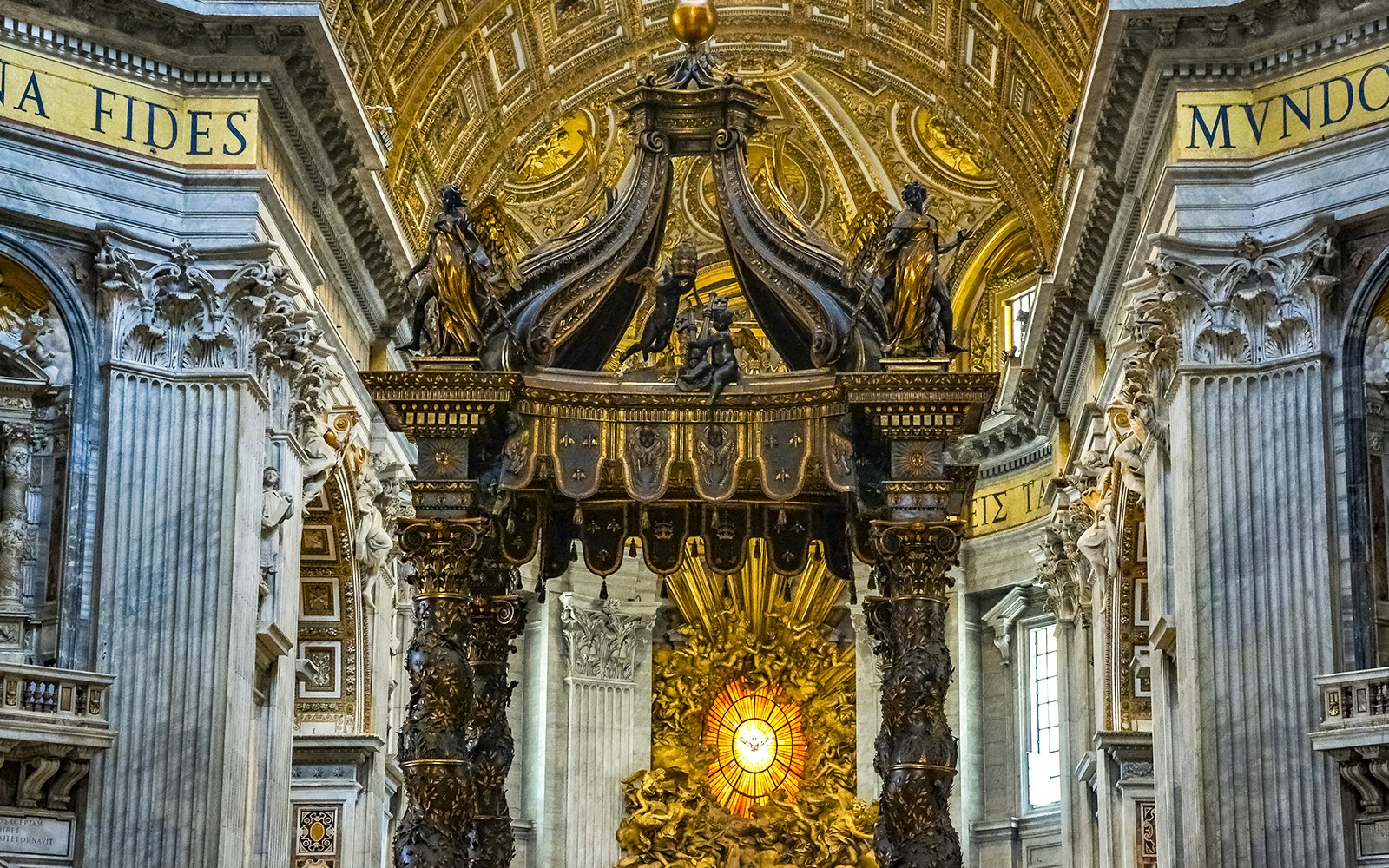Bernini's Baldacchino in St. Peter's Basilica, Rome, showcasing intricate bronze canopy design.