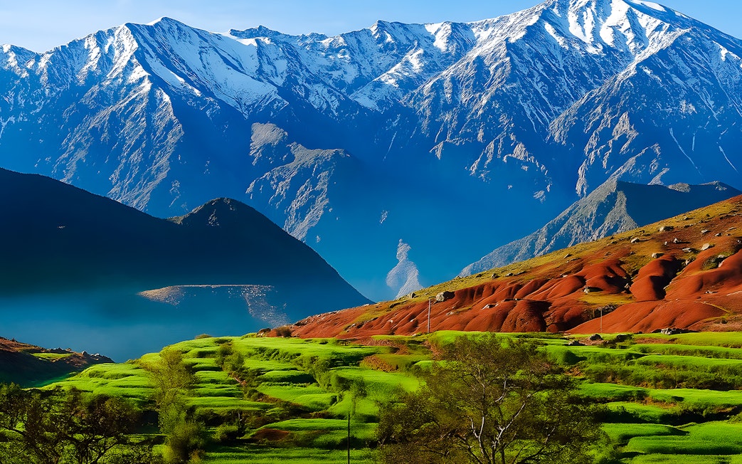 Terraced fields with Atlas Mountains in Agafay Desert, Marrakech.