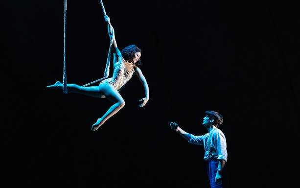 Aerial performer on trapeze with a person reaching up, "Water for Elephants" show.