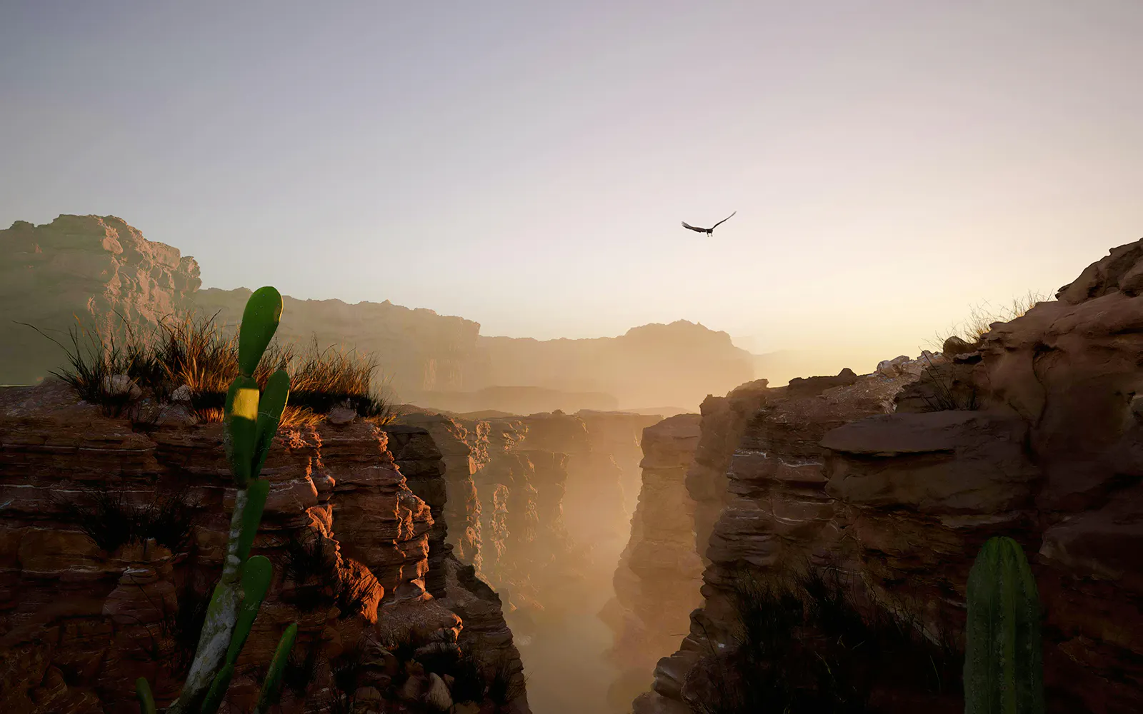 Grand Canyon at sunrise with a bird soaring above the canyon landscape.