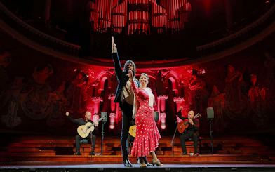 Flamenco dancers and guitarists performing at Palau de la Música, Barcelona.
