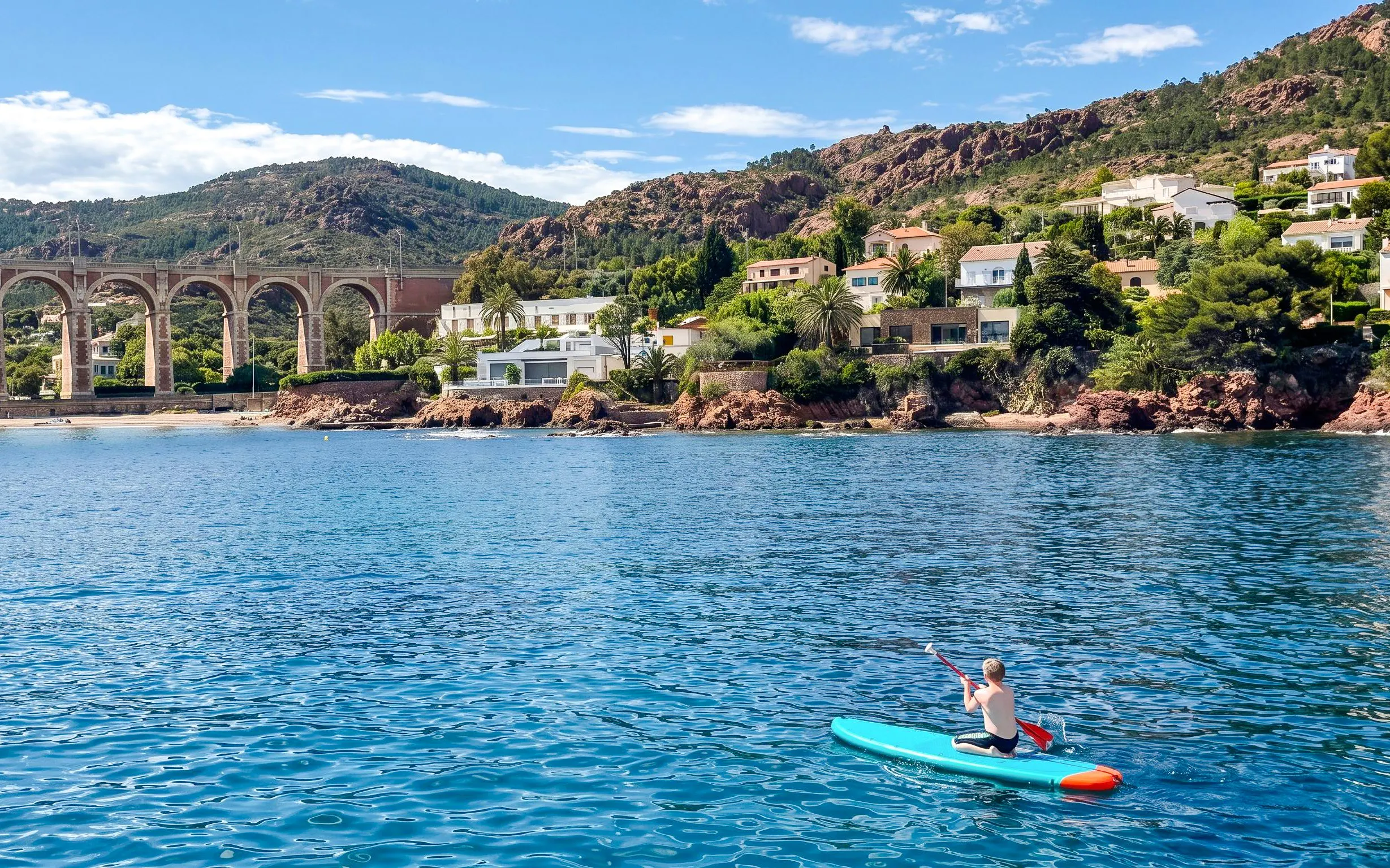 Paddleboarder on Villefranche bay with coastal homes and viaduct in background.
