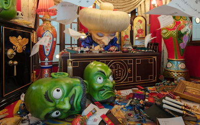Director's Room with ornate desk, large green masks, and colorful decor.