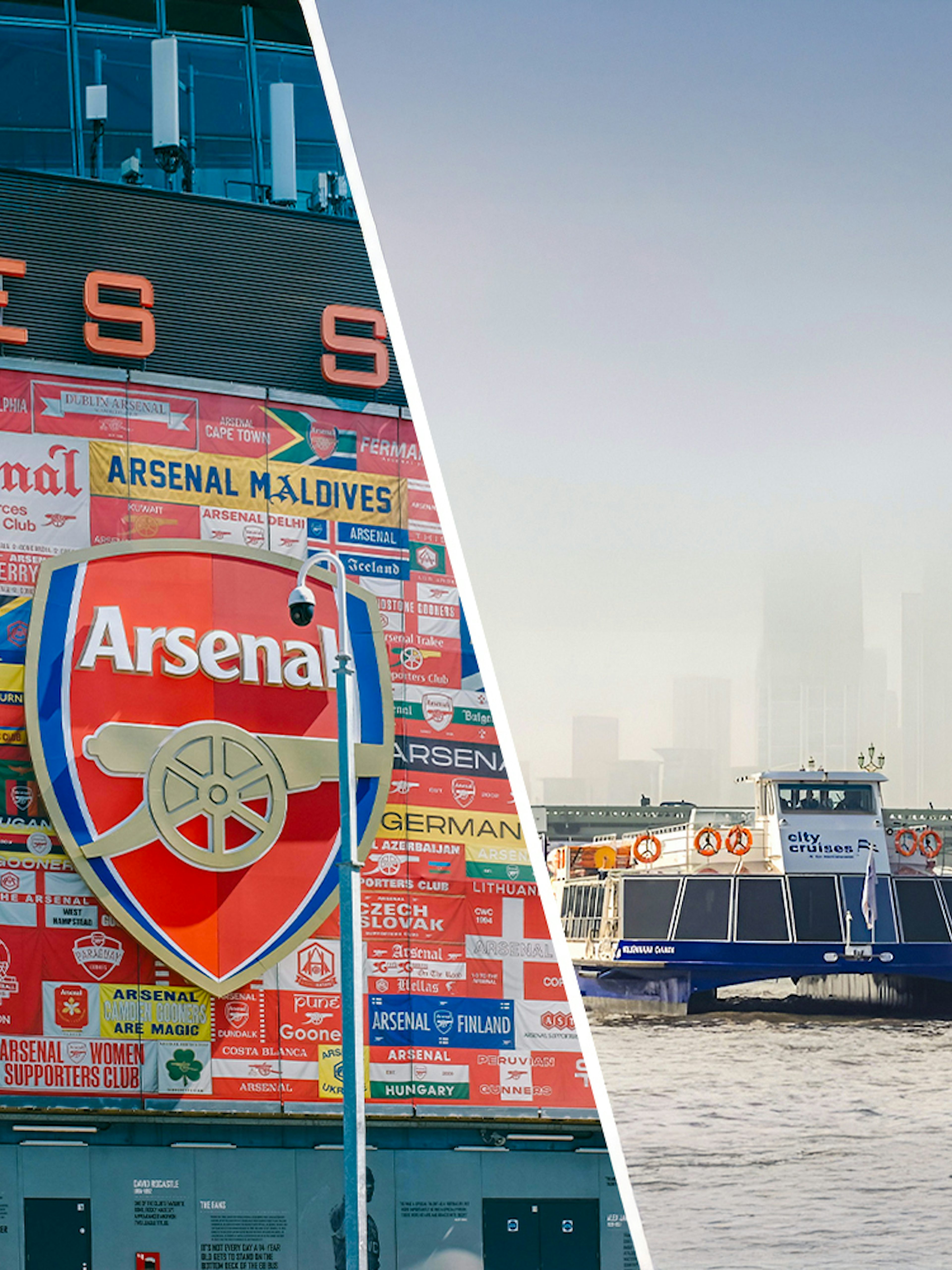 Emirates Stadium exterior with Arsenal banners and logo in London.