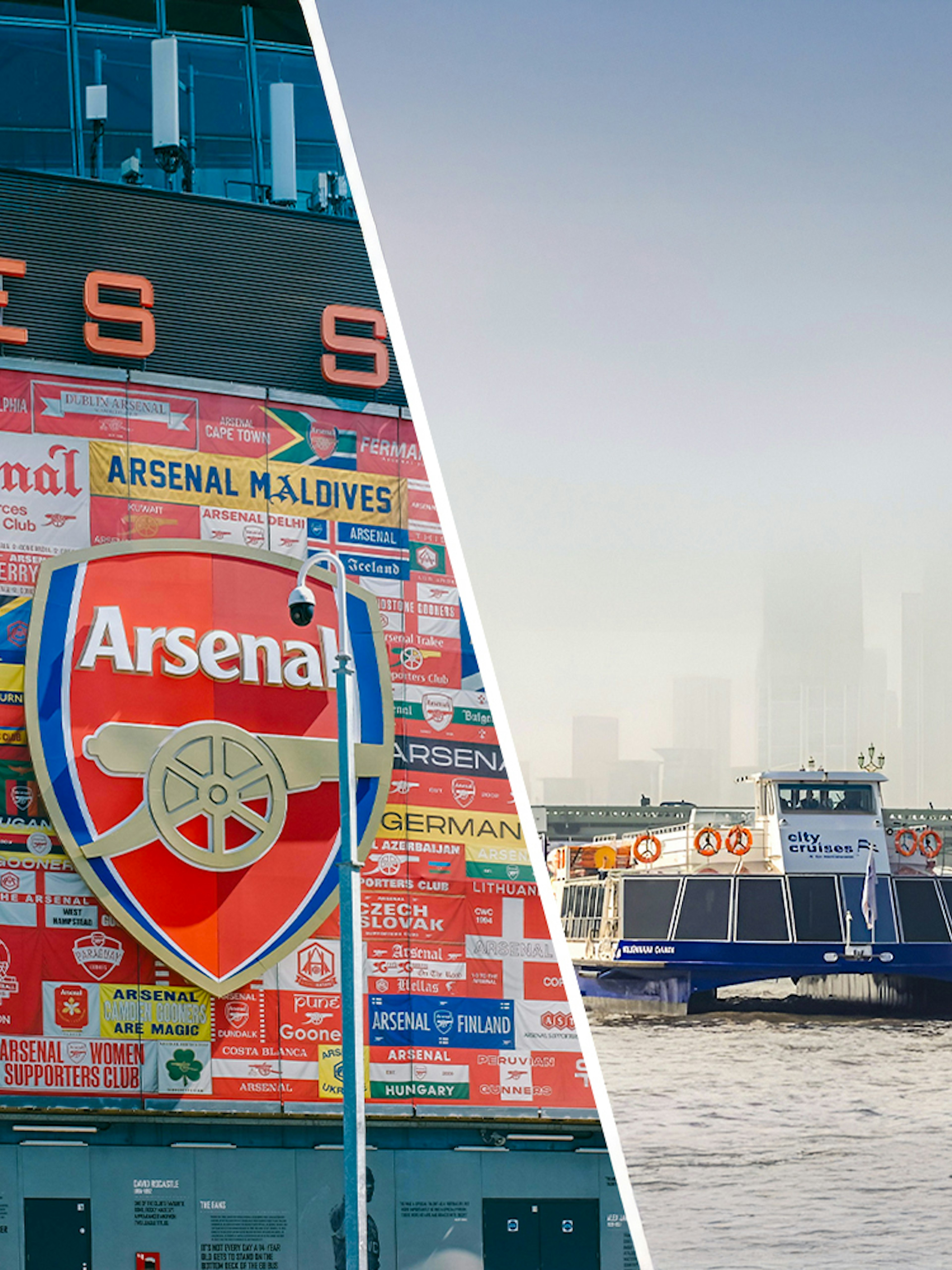 Emirates Stadium exterior with Arsenal banners and logo in London.