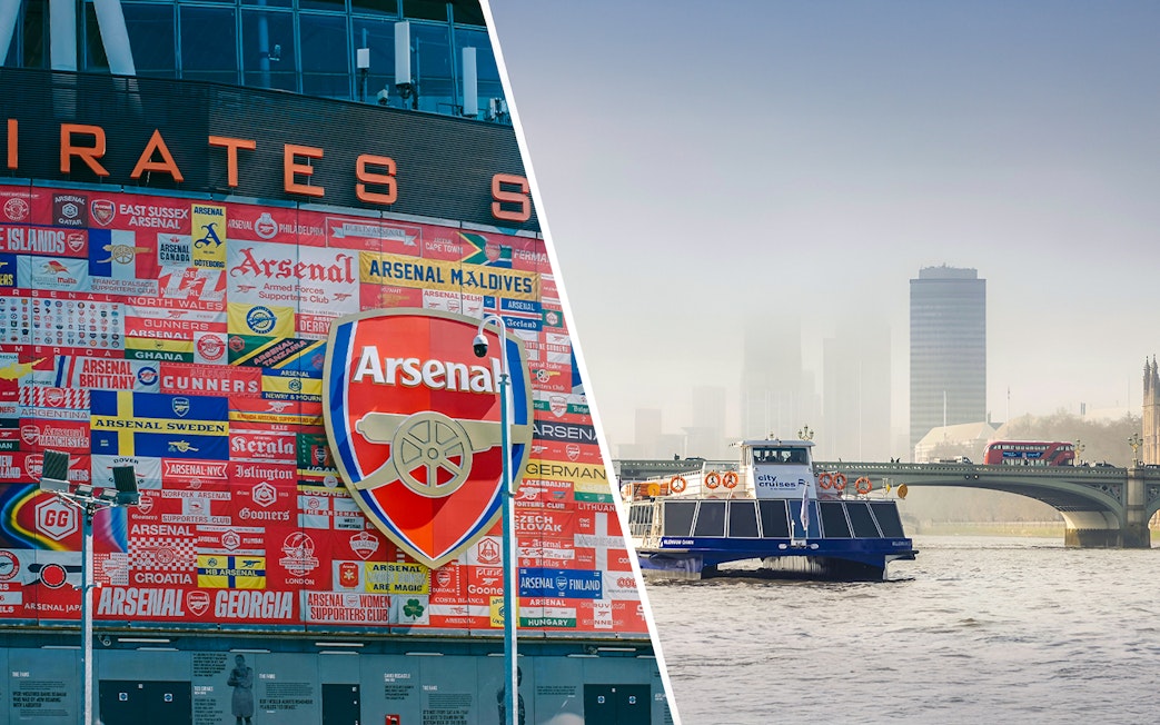 Emirates Stadium exterior with Arsenal banners and logo in London.
