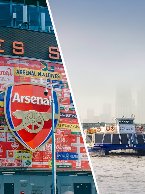 Emirates Stadium exterior with Arsenal banners and logo in London.