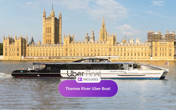 Uber Boat by Thames Clippers passing Houses of Parliament on the Thames River, London.
