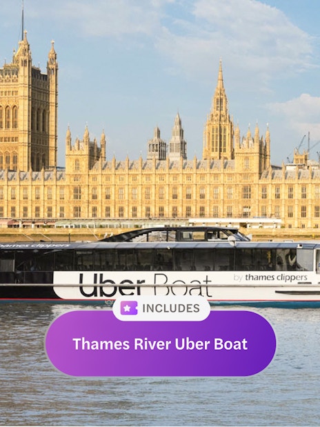 Uber Boat by Thames Clippers passing Houses of Parliament on the Thames River, London.