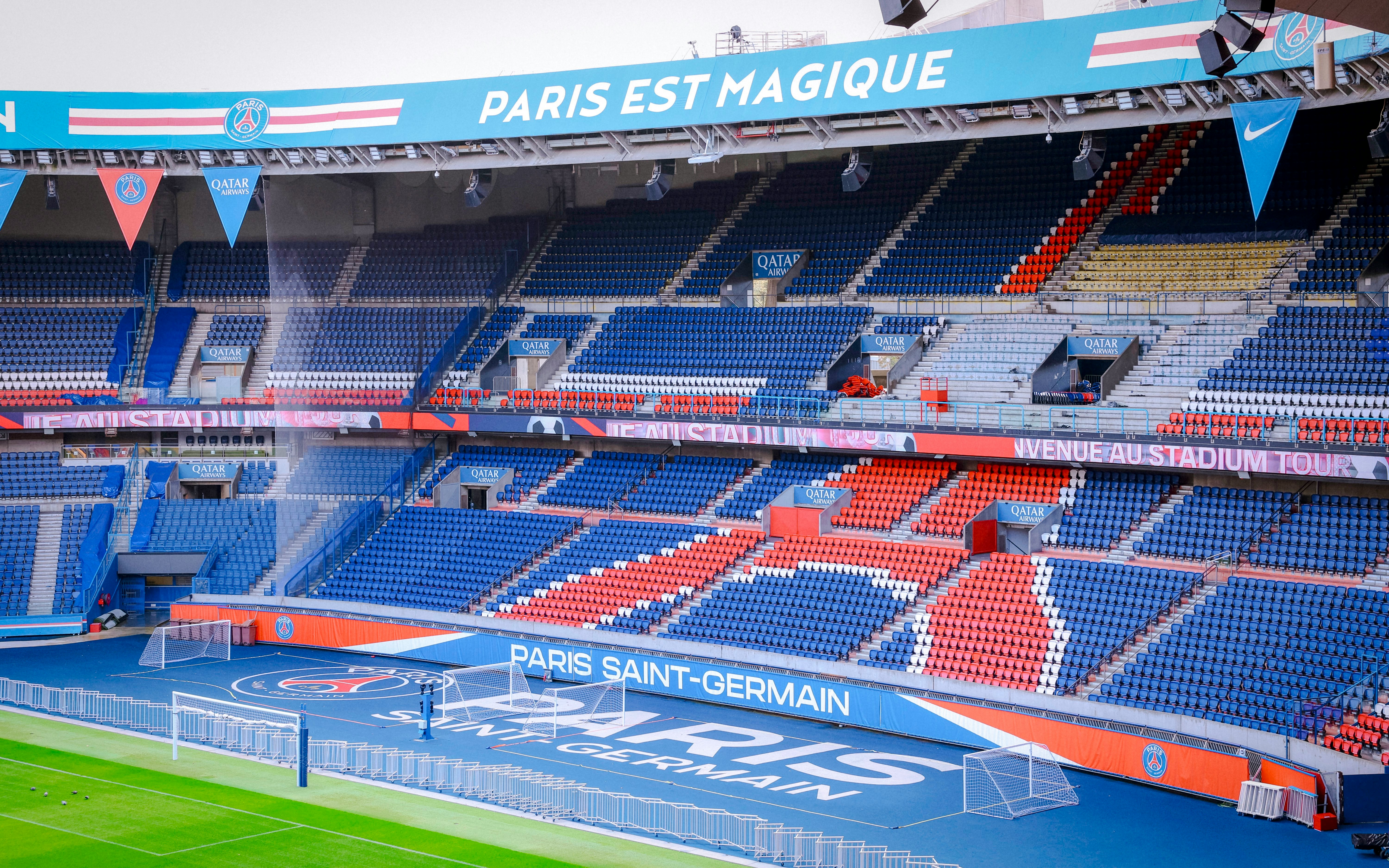 PSG Stadium seating and field in Paris, France.