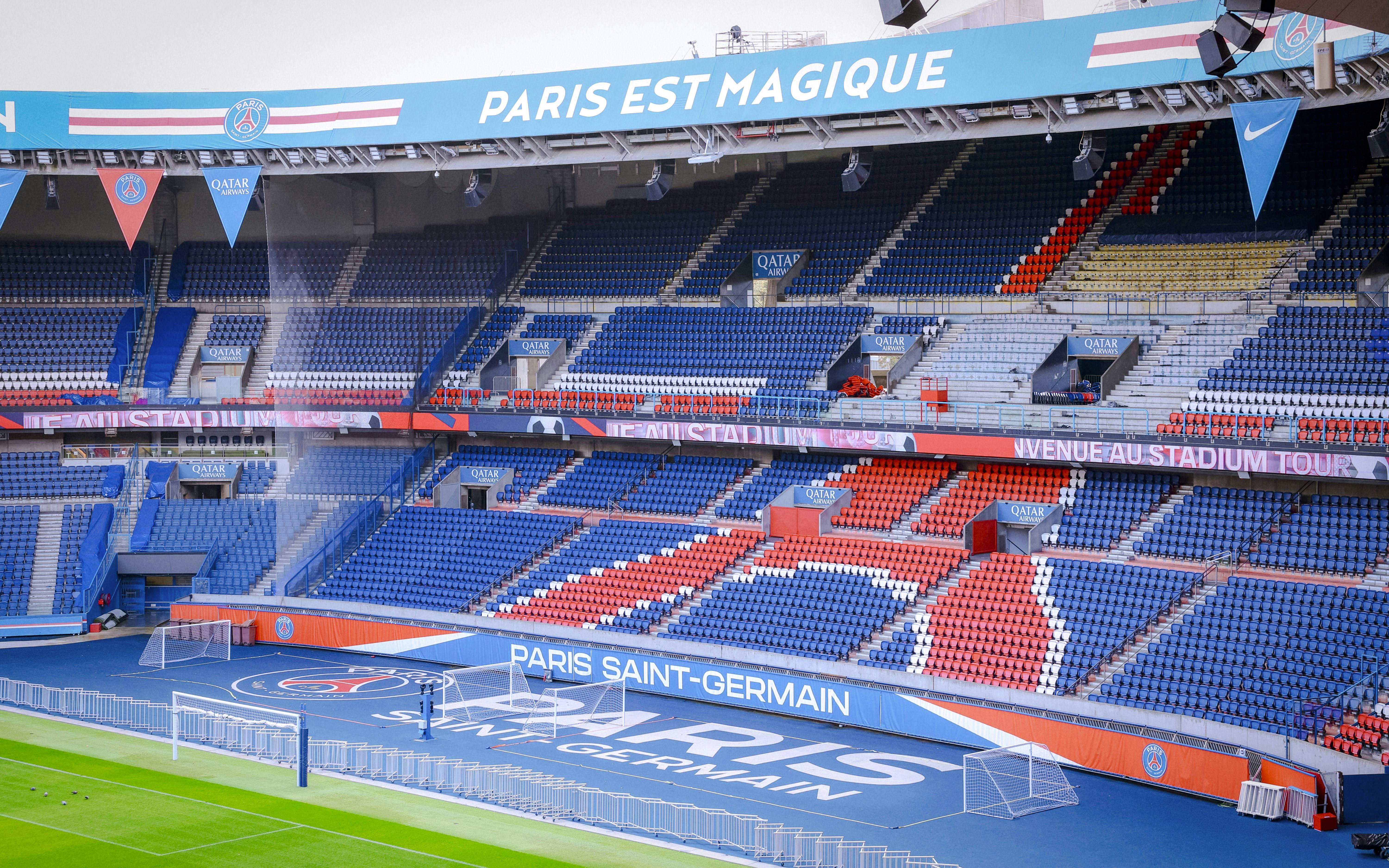 PSG Stadium seating and field in Paris, France.