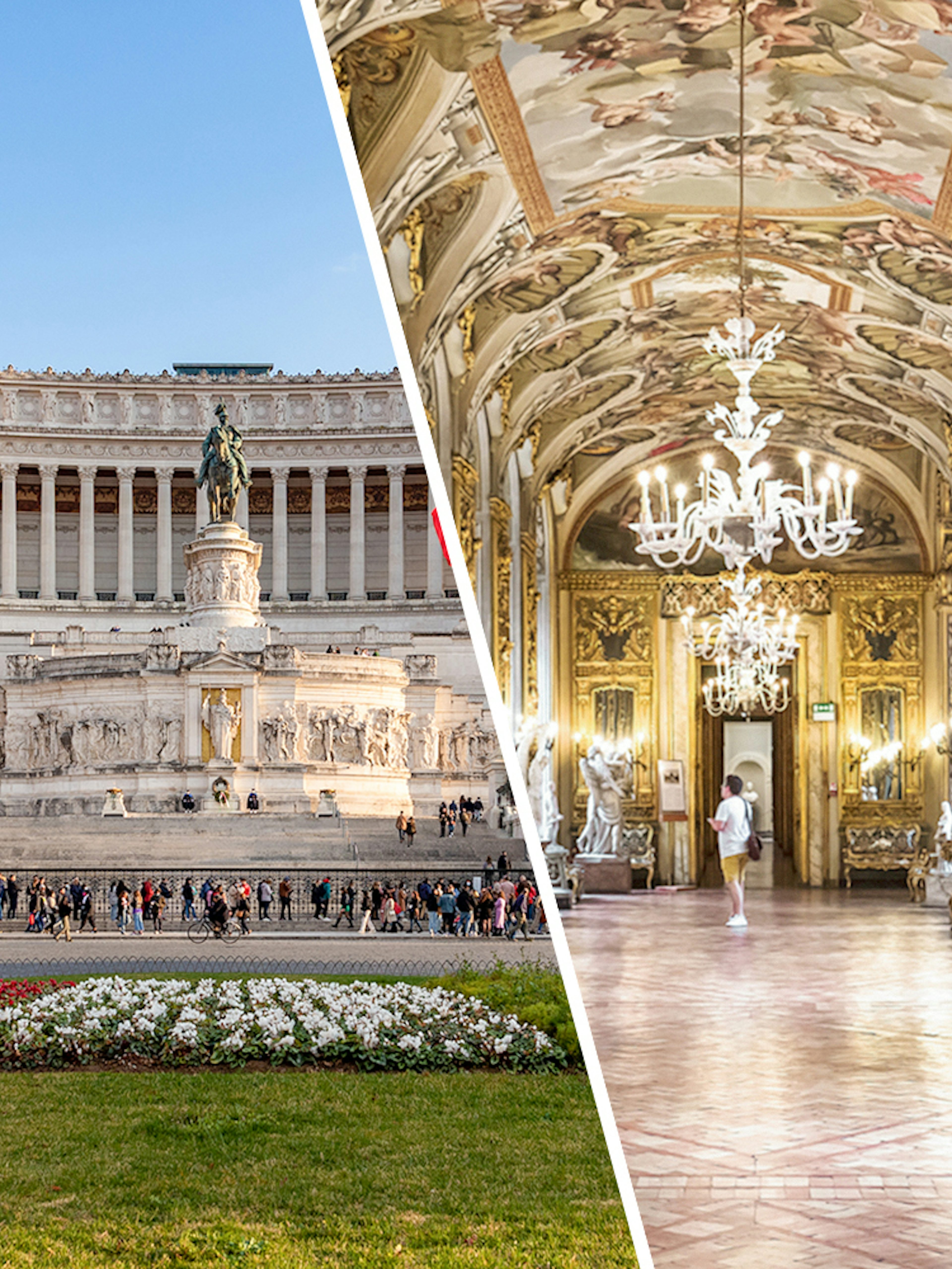 Altare della Patria exterior and ornate interior of Doria Pamphilj Gallery in Rome.