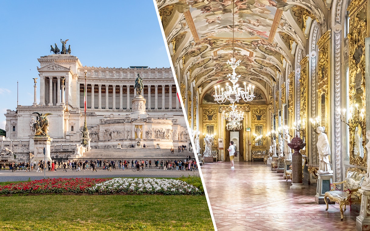 Altare della Patria exterior and ornate interior of Doria Pamphilj Gallery in Rome.