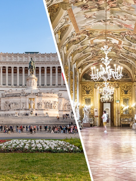 Altare della Patria exterior and ornate interior of Doria Pamphilj Gallery in Rome.