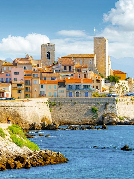 Antibes town with historic buildings and sea view, France.