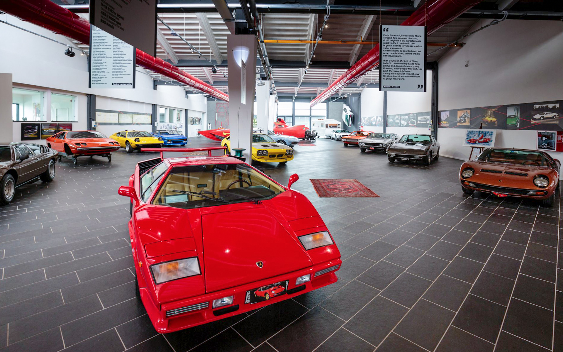 Classic Lamborghini cars displayed at Ferruccio Lamborghini Museum in Bologna, Italy.
