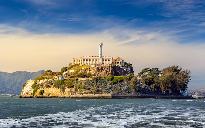 Alcatraz Island with historic prison building in San Francisco Bay.