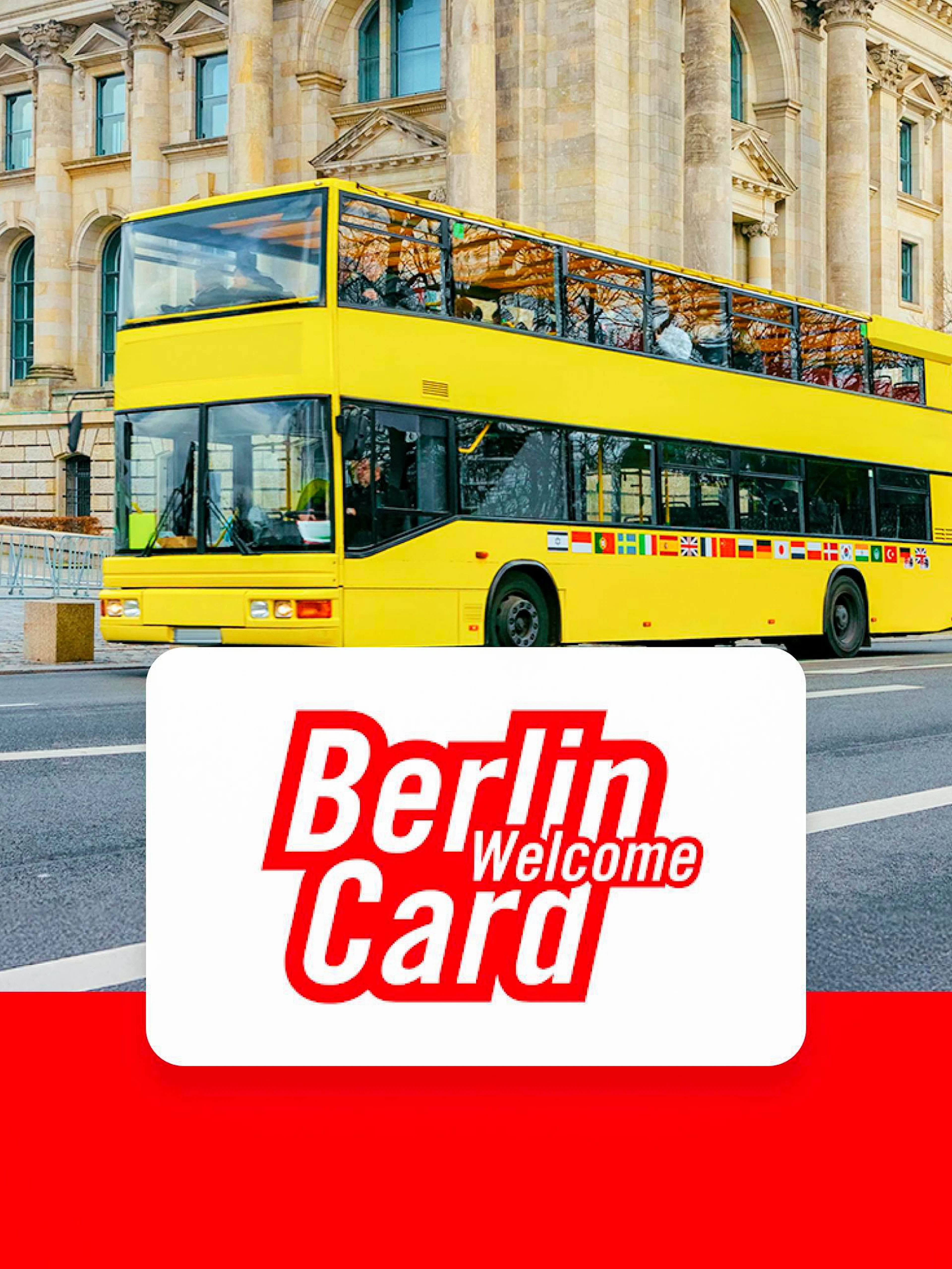Yellow double-decker bus in front of Berlin landmark with Berlin Welcome Card logo.