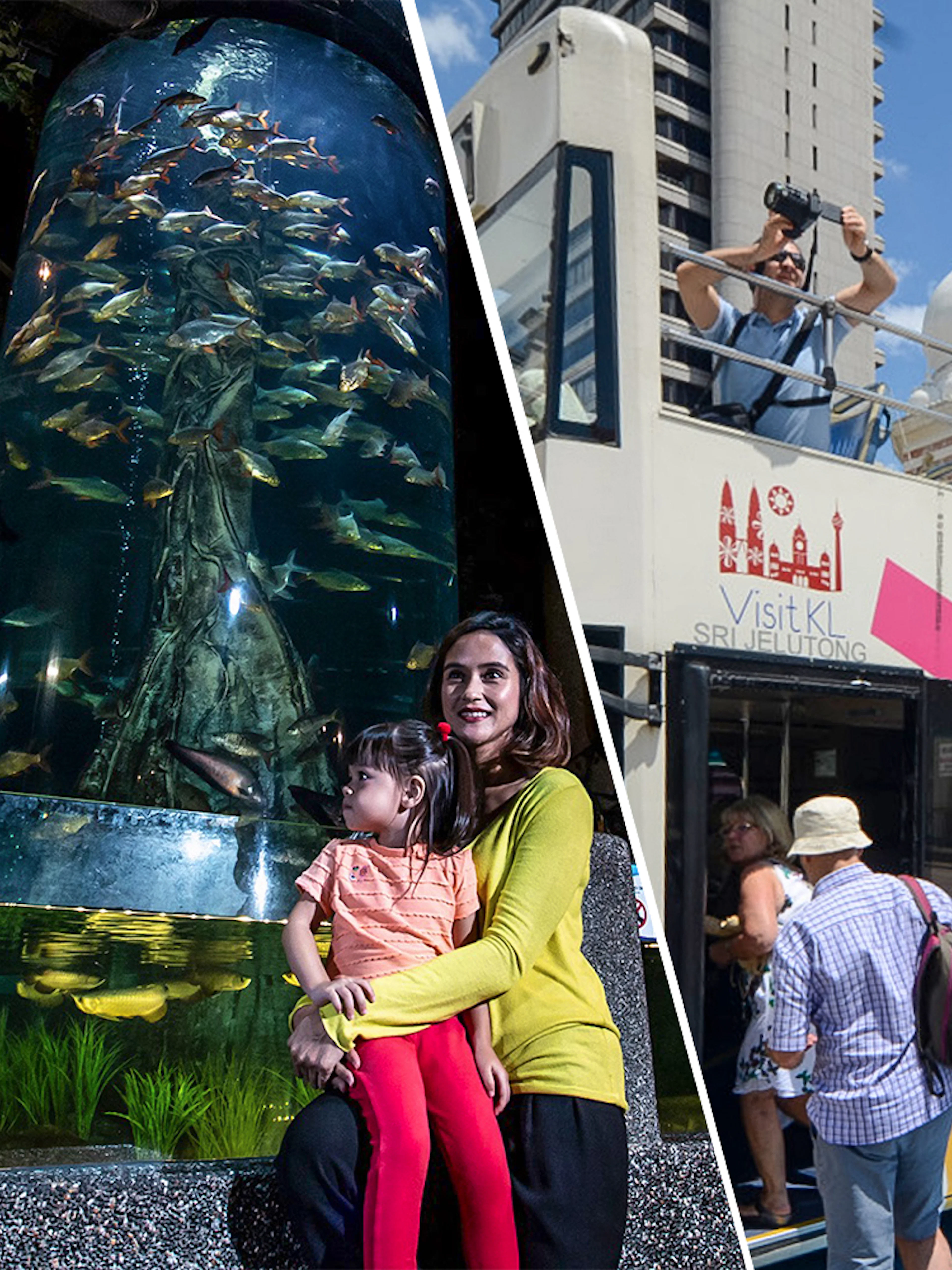 KL Hop-on Hop-off bus with tourists and Aquaria KLCC aquarium with visitors.
