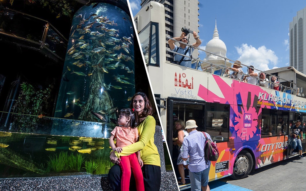 KL Hop-on Hop-off bus with tourists and Aquaria KLCC aquarium with visitors.