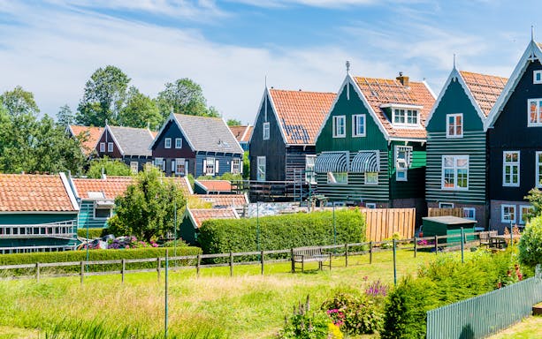 Traditional Dutch houses in a green village setting, part of the Charm of Holland tour from Amsterdam.