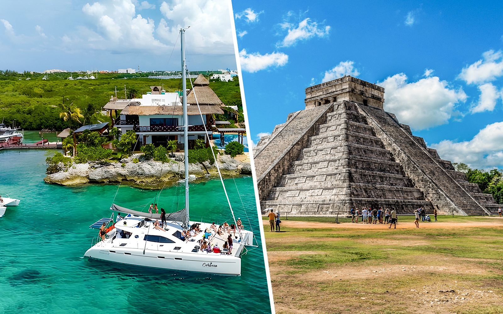 Catamaran sailing near Isla Mujeres resort with Chichen Itza pyramid in the background.